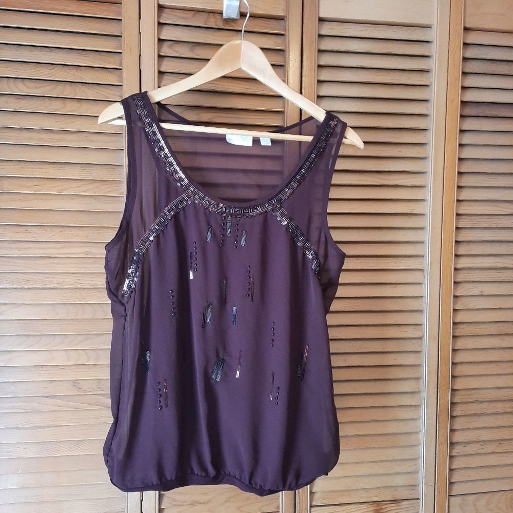 NY & Co. Dark red chiffon top with beading details